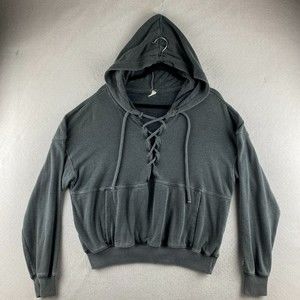 Free People Movement Hoodie Womens M Medium Gray Believe It Lace Up Pullover